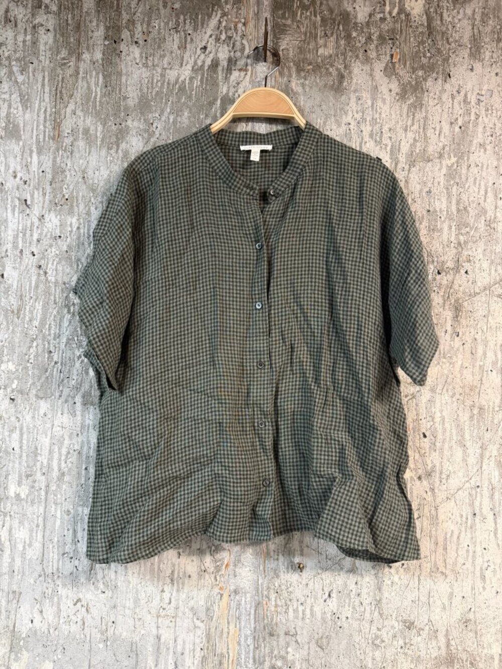 EILEEN FISHER Women's Puckered Organic Linen Band Collar Shirt Size L